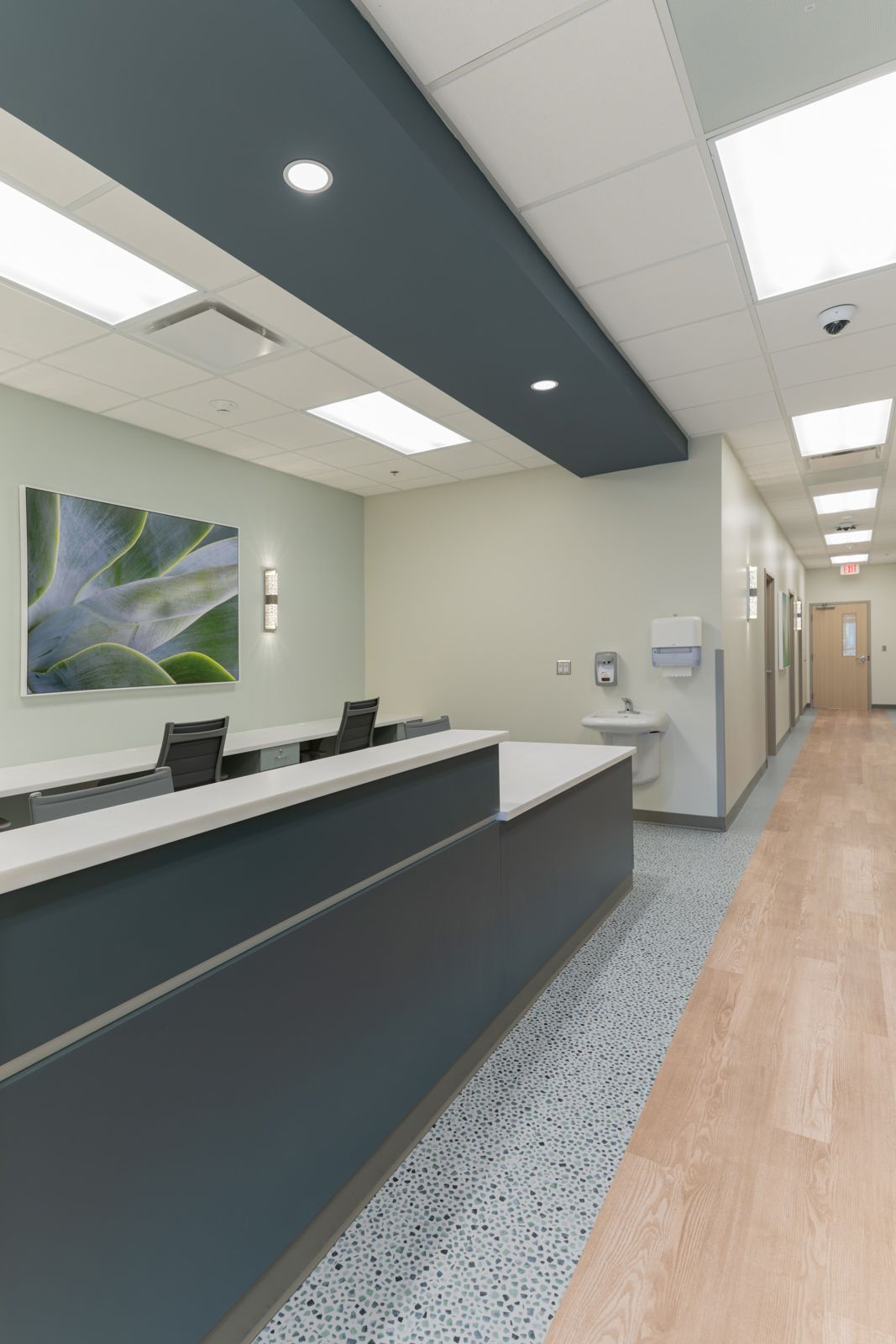 Curved reception desk with backlit artwork at Wilmington Health Midtown I