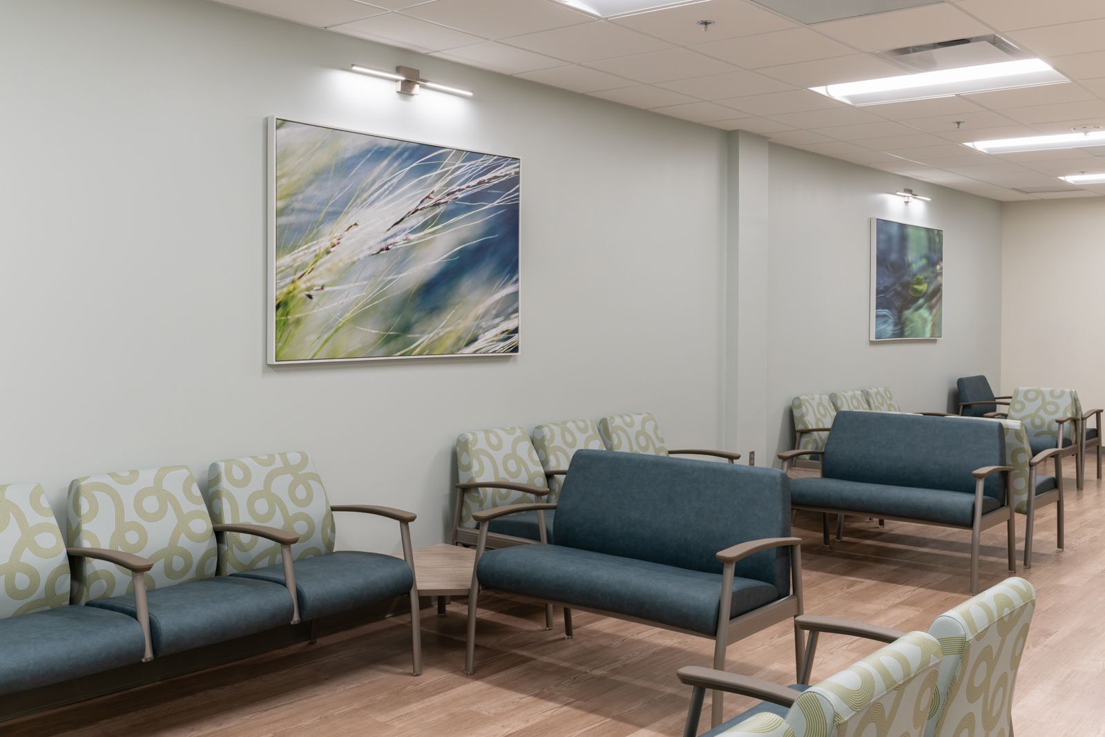 Waiting room with patterned and solid upholstered seating